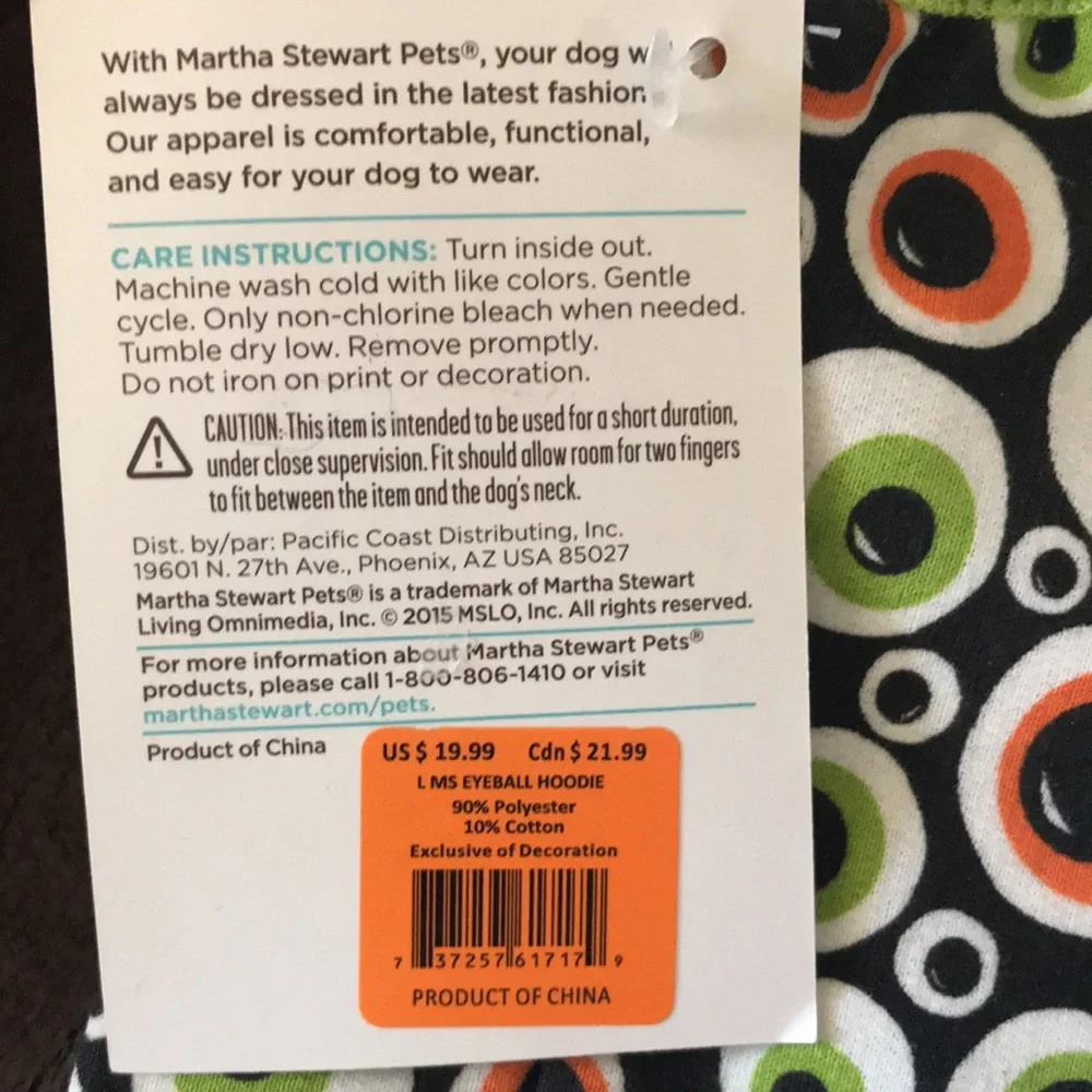 Martha Stewart Pets Large Dog Lime Outfit Halloween Costume Eyeball Hoodie
